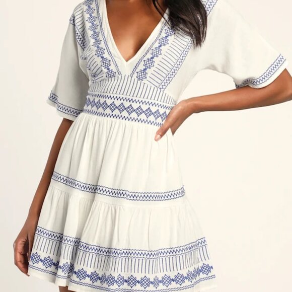 Lulus Gone to Greece White Embroidered Short Sleeve V-Neck Mini Dress, L - Picture 2 of 9